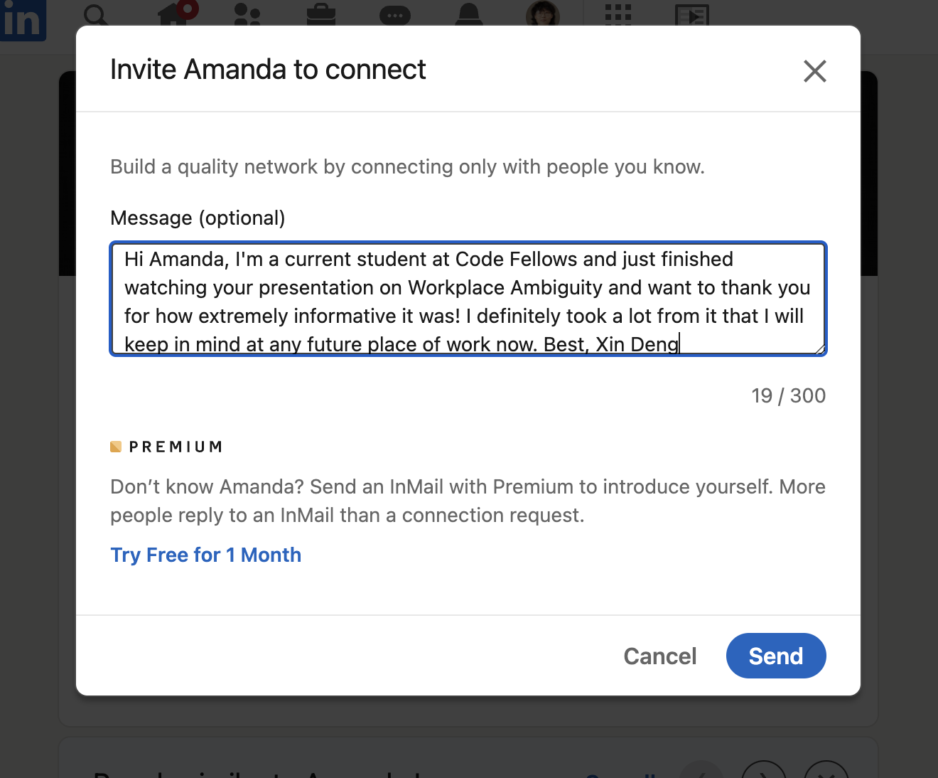 Amanda Iverson's Linkedin Connection Message