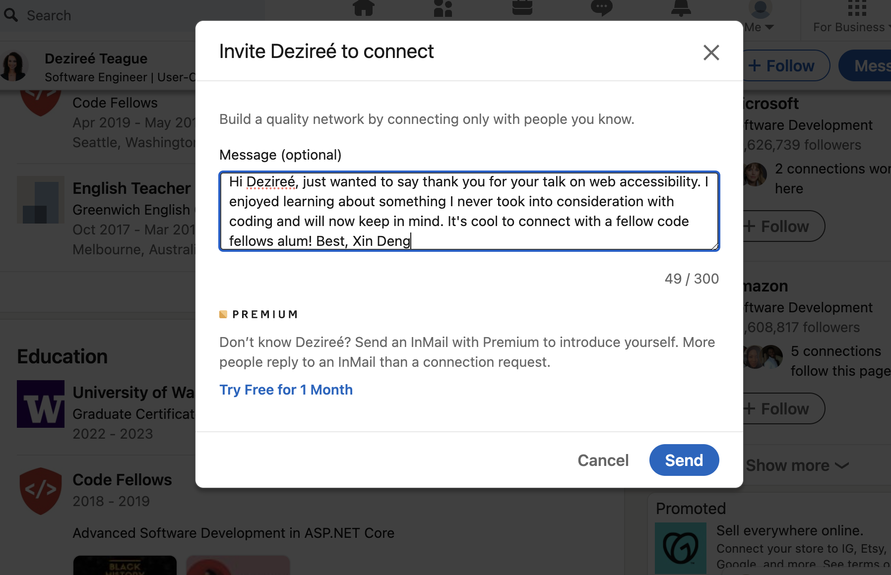 Linkedin Connection Message to Dezireé Teague